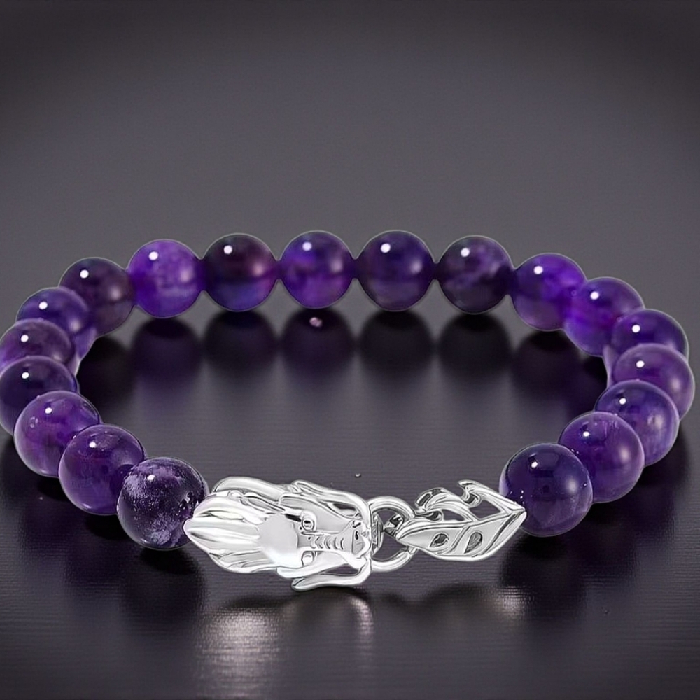 🔥45 ctw African Amethyst 10mm Beaded Dragon Bracelet in Stainless Steel 7.5-8.0